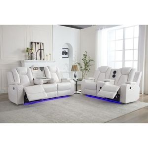Moderno Conjunto de Sofá Reclinable Eléctrico 3+2 con Iluminación LED, Luces de Lectura, Puertos USB, Portavasos, Mesa Abatible y Tapicería de Cuero Extensible - Product Image 1