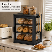 Boîte à pain en bambou et acrylique à trois niveaux, grande capacité, avec porte magnétique, étagères réglables, conteneur de rangement pour garde-manger