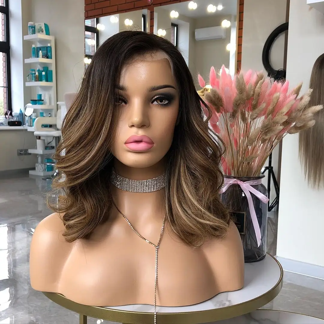 Customized Cuticle Aligned European Human Hair Balayage Highlight Natural Wave Short BOb Style HD Lace Front Wigs For Women