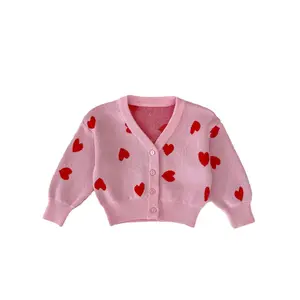 100% cotton Valentine's Day ins 2023 Autumn Girls Baby Kids Pink Heart Shape Big V-Neck Knitted Cardigan Cute Sweater