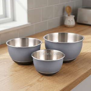Mixing <b>Bowl</b> Set Stainless Steel Body Black <b>Silicone</b> Bottom Polished <b>Bowls</b> for Home Kitchen - Product Image 3