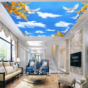 Papel de parede interior do céu azul 3d, nuvens brancos, mural de parede com folhas amarelas, papel de parede