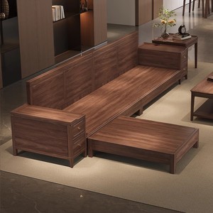 U Shape Black <b>Walnut</b> Solid Wood Sofa With Storage For Living Room Villa Furniture New Chinese Style Fabric Sofa - Product Image 3