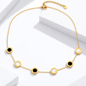 <b>Gold</b> Plated Alloy Necklace With Black And White Shell Inlay Round Pendant Minimalist Chain For Everyday Wearing - Product Image 1