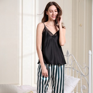 OEM New Design Women Lace Sleepwear Two Piece Sleeveless Satin Striped <strong>Slip</strong> With Long Pant Designers Pajamas Sets - Product Image 2