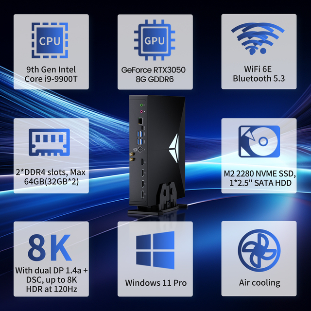 Mini Desktop PC I9 9900T Processor RTX 3050 8G GDDR6 Graphics Card Type-C HD + DP Displays 4K120Hz WiFi6 for Gaming Mini PC