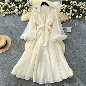 Robes pour femmes à col, à bouton unique, à taille nouée et à manches cloche, tendance automne - Product Image 6