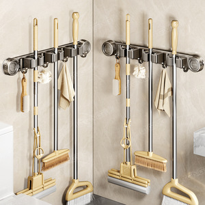 Blue Vine Multi Functional <b>Mop</b> Holder <b>Wall</b> Mounted Chrome Finish Punch Free Cleaning Tool Storage Rack For Bathroom - Product Image 1