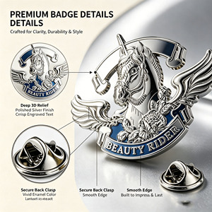 Badge métallique 3D personnalisé en relief, logo ailes de licorne, placage durable, certifié ISO, conception gratuite, faible MOQ, cadeau de collection, OEM - Product Image 2