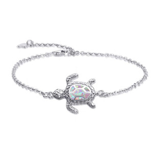 Tobillera personalizable de Plata de Ley 925, joyería de playa, brazalete con cadena de ópalo de fuego y tortuga marina - Product Image 5