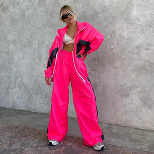 طقم بدلة عتيقة غير رسمية 2 في 1 للنساء فضفاض سستة سترة مرنة الخصر بالإضافة إلى حجم اللون على النقيض الصيف - Product Image 4