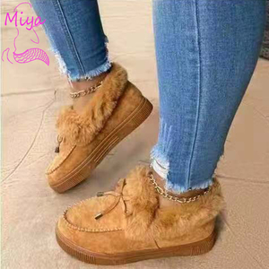 BT-016 2023 Novas Mulheres Inverno Sapato De Algodão Bowknot Senhoras Casual Bota Curta Plana Cor Sólida Peludo Botas de Neve Quente - Product Image 1