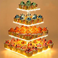 Support à cupcakes moderne à 4 niveaux en acrylique avec guirlande lumineuse LED, présentoir de gâteaux pour le thé de l'après-midi, pour mariages, anniversaires, événements
