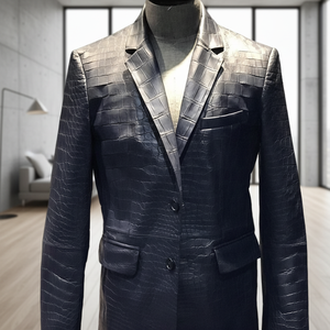 Men's Slim Fit Black Crocodile Leather <b>Jacket</b>, Turn-down Collar Single-Breasted Luxury Overcoat for Winter Formal Wear - Product Image 1
