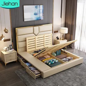 Últimos projetos quarto mobiliário completo king size luxo madeira frame cama conjunto duplo couro up-holstered macio cama para adultos