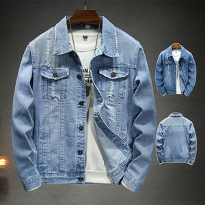 2026 nuova giacca da <span class=keywords><strong>uomo</strong></span> di tendenza primavera autunno blu chiaro <span class=keywords><strong>cappotto</strong></span> in Denim strappato aderente per <span class=keywords><strong>uomo</strong></span> - Product Image 1