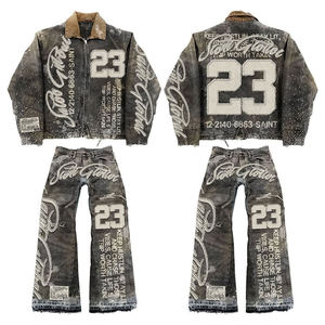 Set Giacca e <span class=keywords><strong>Jeans</strong></span> Vintage da <span class=keywords><strong>Uomo</strong></span>, Design con Ricami e Patchwork, Outfit Streetwear Retrò, Personalizzabile, Direttamente dalla Fabbrica - Product Image 3