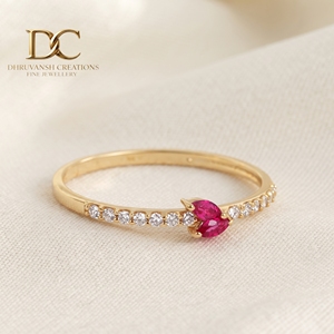 Bague pour femme de haute qualité en or jaune massif 14 carats avec diamant de laboratoire et rubis sang de pigeon, bijoux minimalistes certifiés IGI - Product Image 1