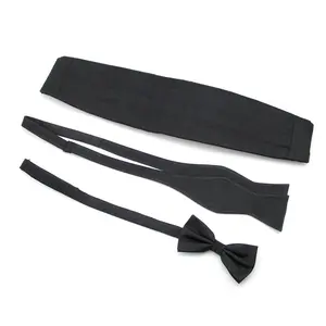 男士批发派对宴会礼服黑色领结纯色100% 丝绸编织罗缎结婚礼品套装领结和腰带
