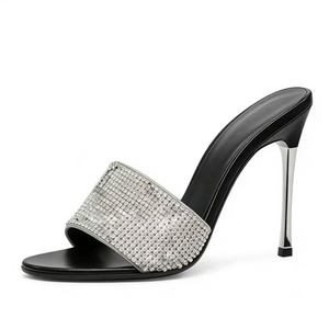 Women High <b>Silver</b> Thin <b>Heels</b> Sandals Summer Shiny Diamonds Big Size 45 Shoes Full Rhinestones Dress Stiletto Pearls Mules - Product Image 5