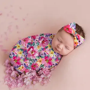 신생아 사진 포장 꽃 아기 수신 담요 아기 Swaddle 담요 머리띠 세트