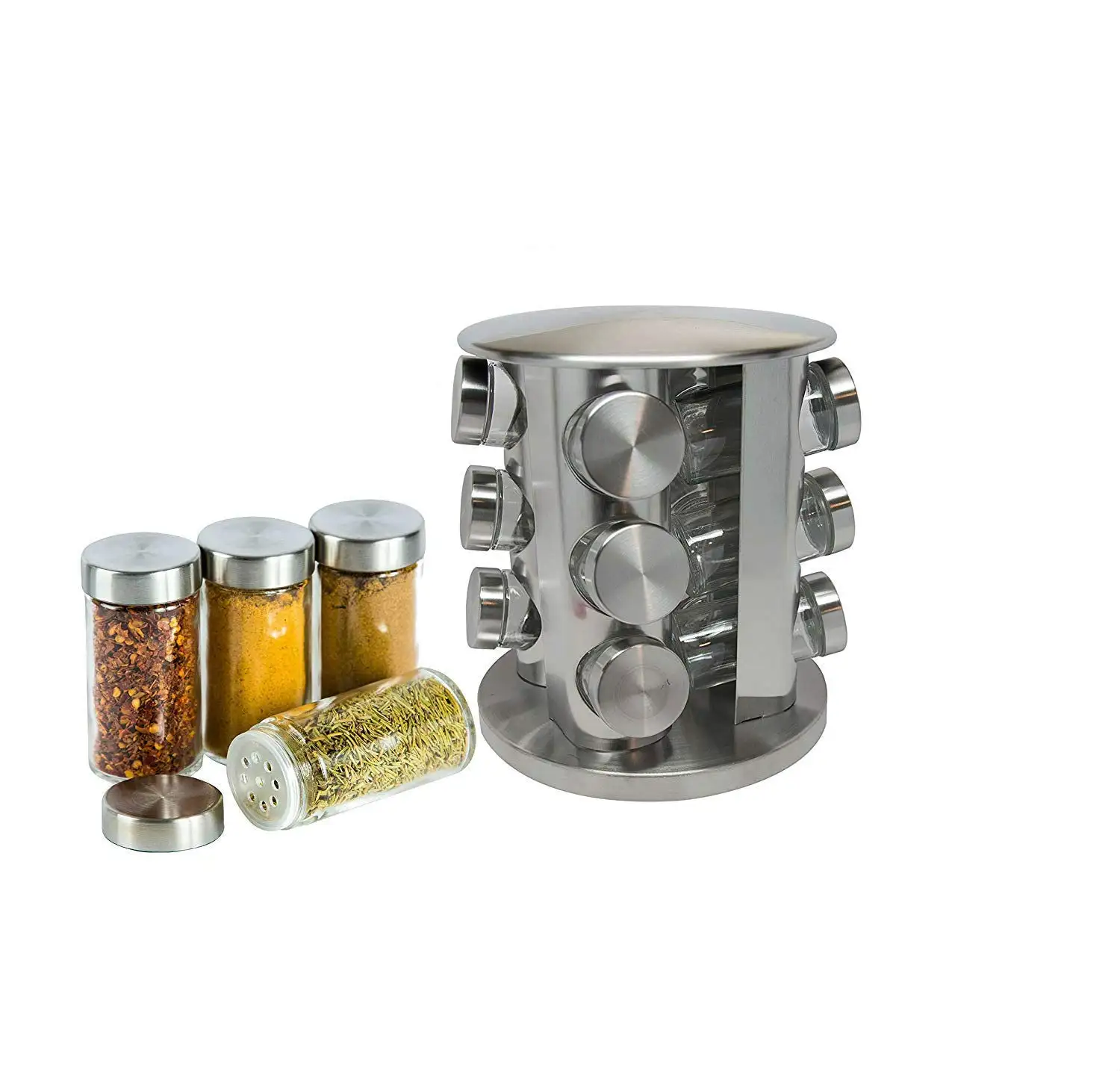 12 Jar Dried Seasoning Storage Spice Containers Stainless Steel Round Revolving Spice Rack