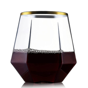 Verres à vin sans pied en forme de diamant BST, 12 oz, bordure dorée, transparents, écologiques, jetables, lot en vrac - Product Image 1
