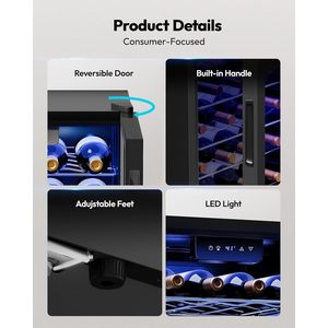 EUHOMY 25 Bottle Wine Cooler Refrigerator Freestanding Compressor Digital Control Black Insulated <b>Glass</b> Door - Product Image 5