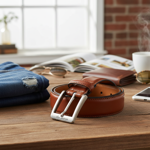Ceinture décontractée faite à la main pour hommes en cuir de vache pleine fleur avec boucle en acier fabriquée au Pakistan-le Baron - Product Image 3