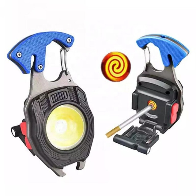 Multi-function EDC USB Rechargeable Magnetic Keychain Mini Flashlight With Lighter,Bottle Opener,Cutter,Screwdriver for Outdoor