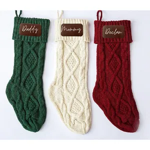 Sublimation PU Leather Patch Chunky Knitted Christmas Stocking Large Size White Burgundy Green Rustic Personalized Knit Stocking
