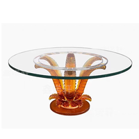 Table de salle à manger de luxe à base en résine transparente cannelée verticale, plateau rond en verre trempé, table console pour hall d'hôtel ou hall d'entrée
