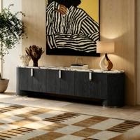 Meuble TV autoportant moderne en chêne courbé avec comptoir en marbre, console TV en bois grande capacité pour rangement dans le salon