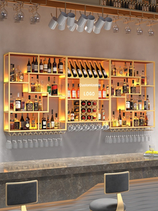 Étagère à bouteilles de vin murale <span class=keywords><strong>en</strong></span> métal et <span class=keywords><strong>en</strong></span> <span class=keywords><strong>bois</strong></span>, gondoles sur pied pour magasins de spiritueux, étagères de magasin de spiritueux personnalisées - Product Image 4