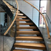 Escalier Courbé de Haute Qualité, Escalier Moderne en Arc, Cadre en Acier Carbone, Rampe en Verre Courbé