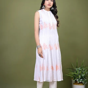 Últimos conjuntos de kurta indios listos para usar, informales, de algodón puro, con estampado floral, cuello redondo, sin mangas, para mujer, para verano. - Product Image 1