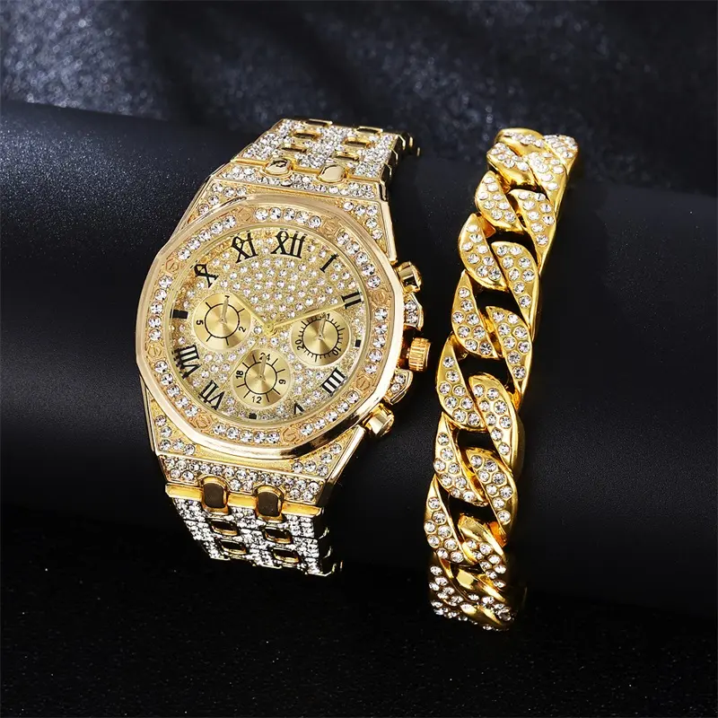 Men's Gold Bling Rhinestone Quartz Hip Hop Wrist Watch Watches Luxury Diamond Iced Out Watches Set