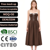 Robe Cami Marron à Col Carré et Buste Froncé, Jupe Midi Plissée Taille Haute Évasée, Tenue Légère pour Temps Chaud