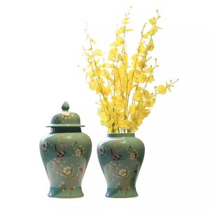 Nouveau Style chinois vert table en céramique <span class=keywords><strong>pot</strong></span> de gingembre Vase fleur et oiseau motif ornements pour arrangements floraux - Product Image 1