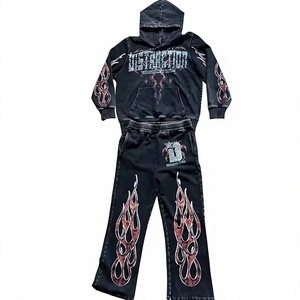 Conjunto de Sudadera con Capucha y Pantalones Deportivos para Niños, Diseño de Llamas Negras, Manga Larga, Estilo Urbano, con Bolsillos Laterales, para Otoño - Product Image 1