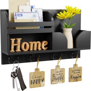 Wooden <b>Wall</b> <b>Mounted</b> <b>Shelf</b> Black 2 Layer Key Rack Entryway Organizer Storage Rack - Product Image 5