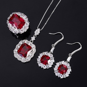 Fashion 12*16mm Red Zircon Minimalist Square Necklace <b>Earrings</b> Ring <b>Set</b> Eco-friendly Copper Geometric Jewelry <b>Set</b> - Product Image 3