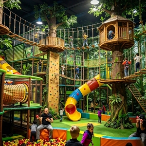Solution tout-en-un pour aire de jeux intérieure commerciale pour enfants, thème dinosaures, avec mur d'escalade en filet tricoté de grande taille, toboggans et <span class=keywords><strong>labyrinthe</strong></span> - Product Image 1