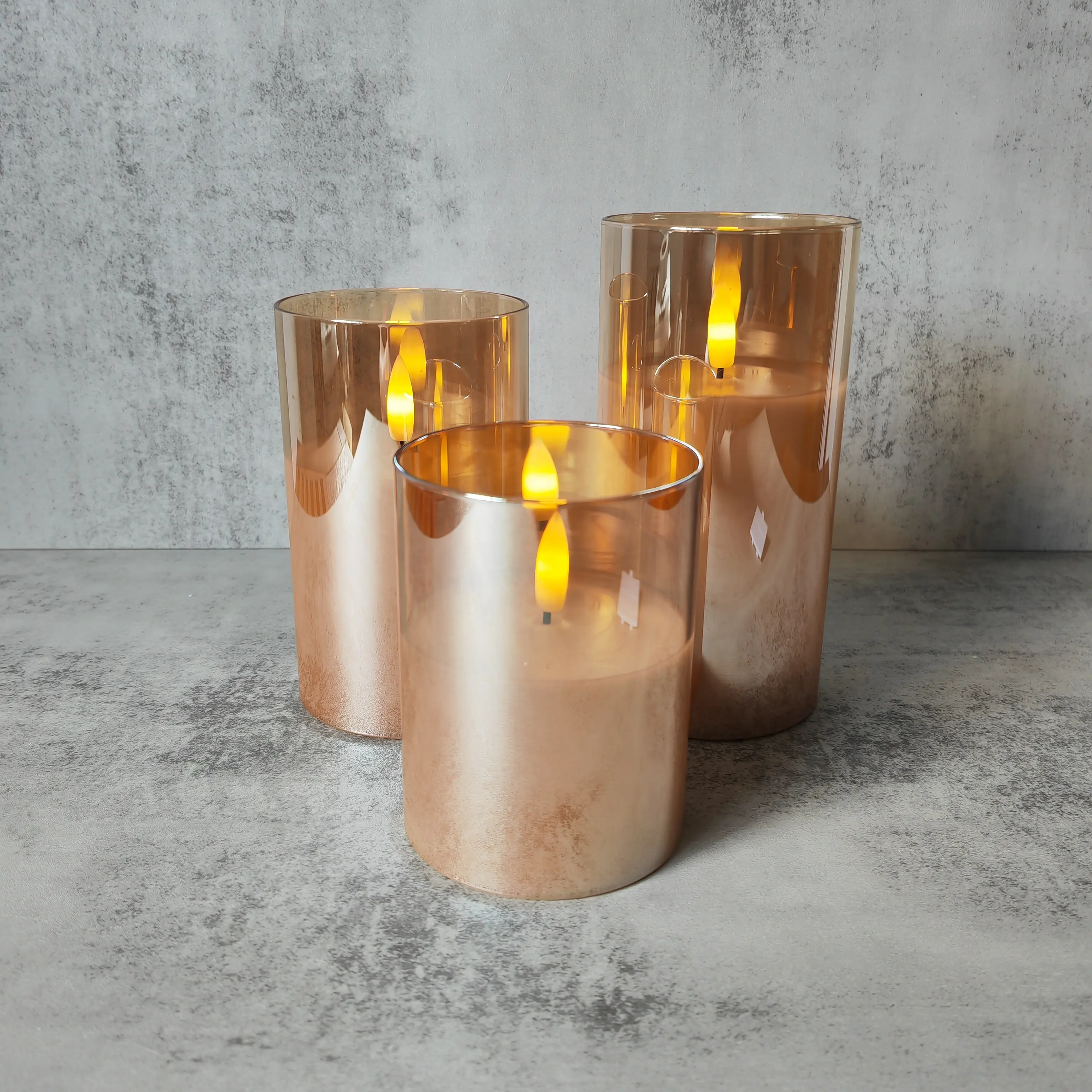 Pack of 3 Flameless Flickering 3D Wick LED Amber/Gold Glass Pillar Candle with Remote and Timer, Battery Powered Warm White