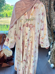 LEDUO Modest Open Front <b>Cardigan</b> ramadan Spring 3D bloom embellishment luxury Satin Abaya Kimono - Product Image 2