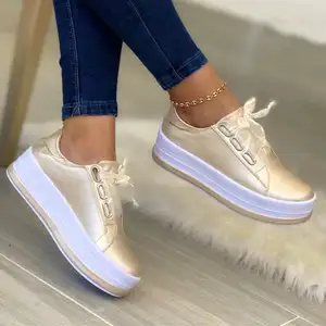 Zapatos de mujer, zapatillas informales para mujer, plataforma de punta redonda con cordones, tenis, zapatos vulcanizados para mujer, mocasines de Color sólido para mujer