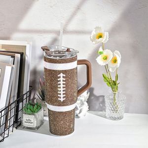 Gobelet isotherme sous vide en acier inoxydable de 40 oz avec poignée et paille, motif diamant, strass bling style football américain - Product Image 4