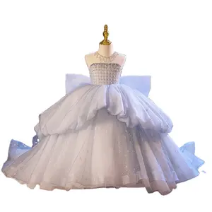 European style flower girl wedding gown shiny long tail children's princess Evening dress Noble Grey kid birthday dress for 10Y