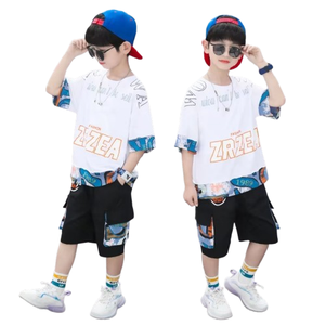 2023 <span class=keywords><strong>estate</strong></span> grandi vestiti per bambini manica corta lettera Patchwork T-Shirt tasche pantaloncini due pezzi bello Casual ragazzo set sportivi - Product Image 1