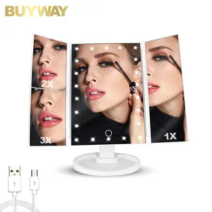 2021 Touchscreen Dreifach gefalteter dreifach gefalteter Desktop-Spiegel Kunststoff Tragbarer verstellbarer LED-Make-up-Kosmetik spiegel